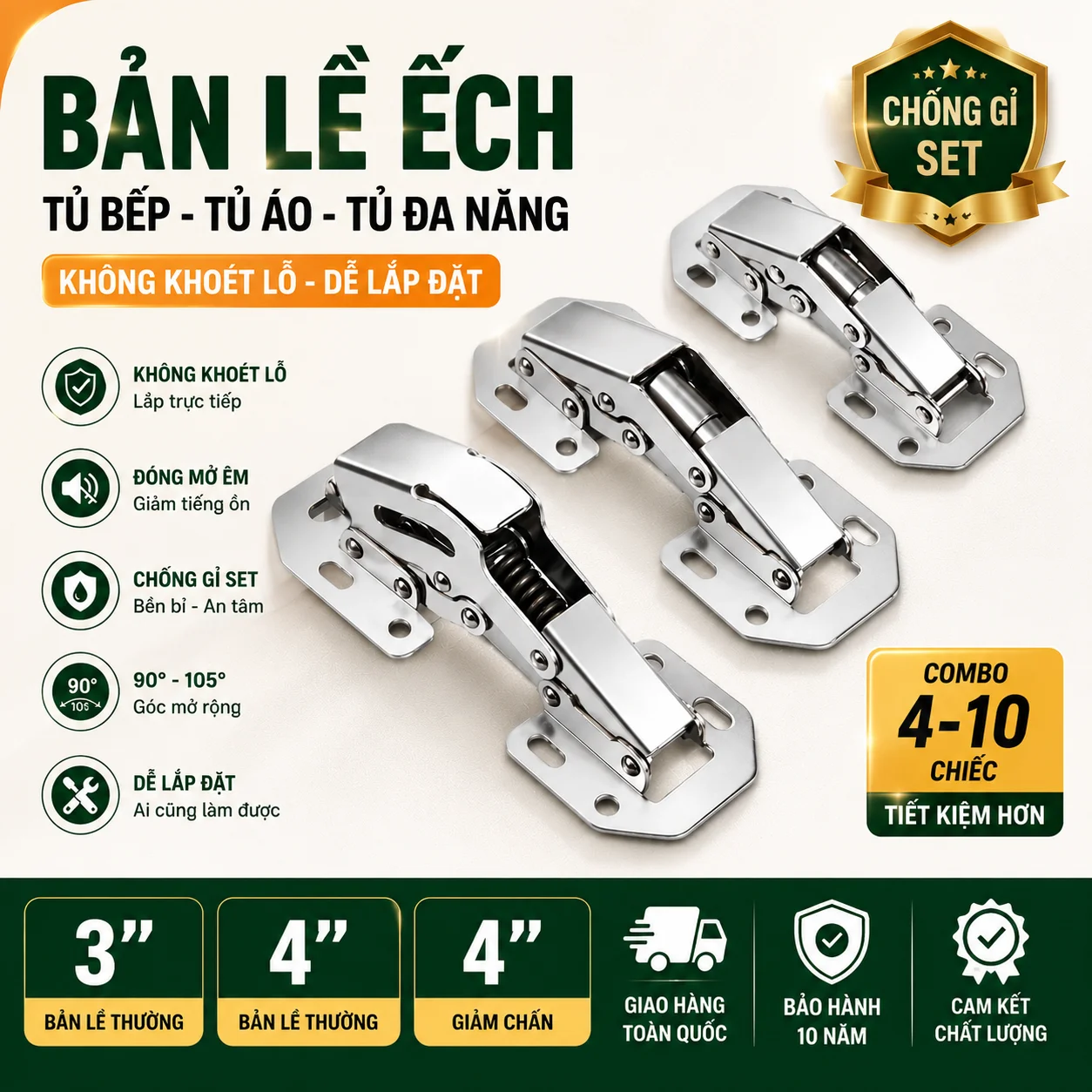 Bản Lề Ếch, Bản Lề Không Khoét Lỗ, Bản Lề Giảm Chấn, Bản Lề Tủ Bếp bằng thép không gỉ tiện dụng